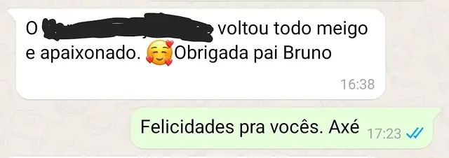 Cliente conta no WhatsApp que a pessoa amada voltou carinhosa após a amarração amorosa