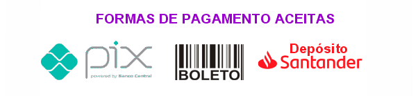 Formas de pagamento aceitas: Pix, Boleto e Depósito Santander