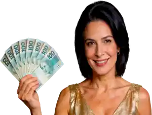 Trabalho de prosperidade de Bruno de Osiris — mulher sorrindo com notas de cem reais na mão