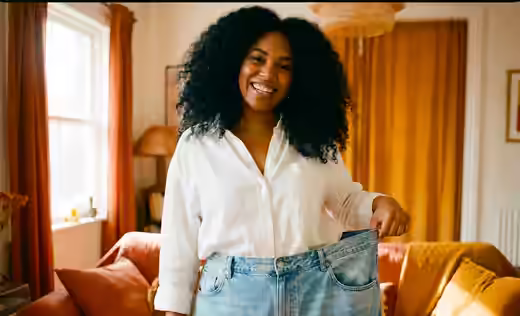 Mulher sorrindo mostrando a calça que ficou larga