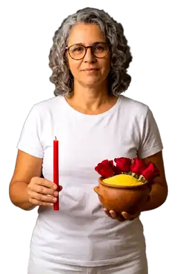 Mulher segurando uma vela e uma quartinha com flores, representando um trabalho espiritual